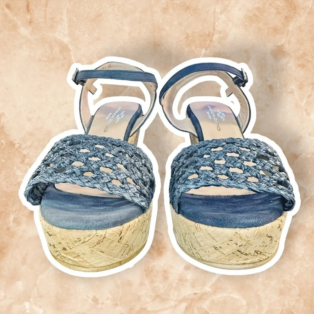 NWT Brenda Zaro Navy Blue Woven Leather ‘Nadia’ Cork Wedge Sandals Size 41
